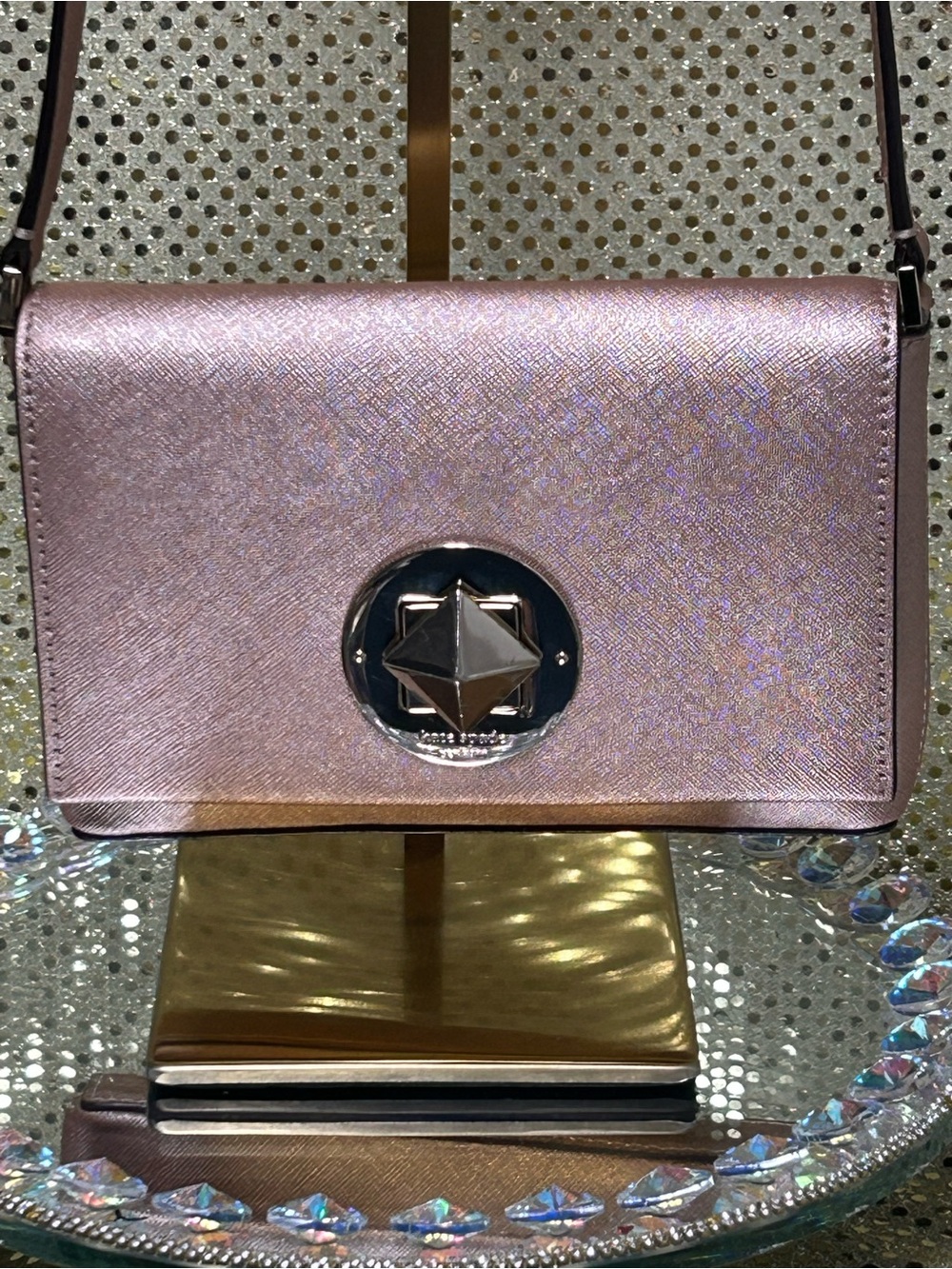 kate spade Iridescent Pink Metallic Crossbody w/Silver Medallion Approx. 8x 5x1